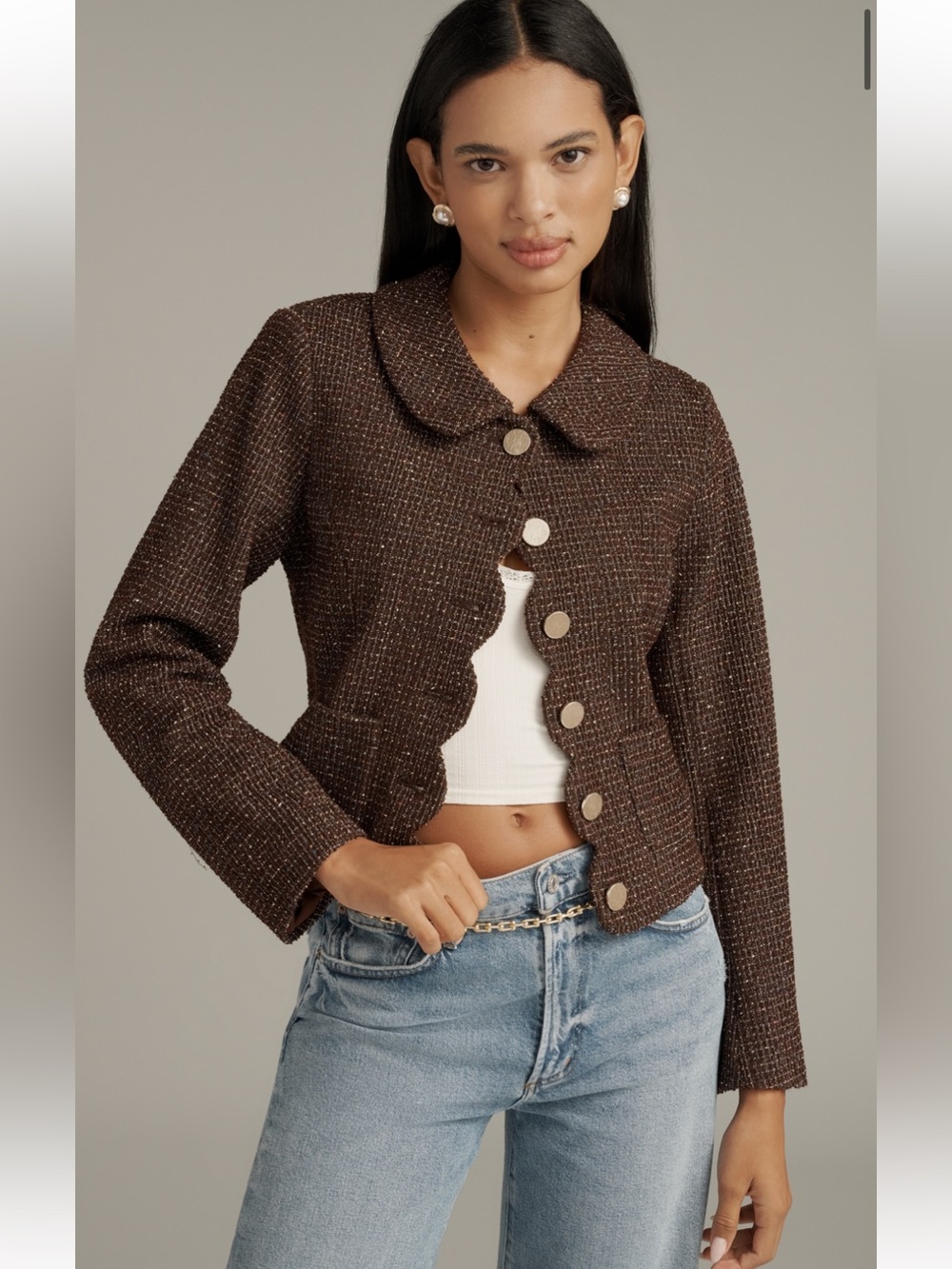 Anthropology Maeve Scallop Tweed Lady Jacket In Chocolate Brown Size Medium